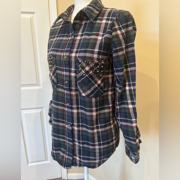 Moon Collection Studded Plaid Flannel Button Down Shirt Girls Size Large 14-16 - Picture 3 of 7